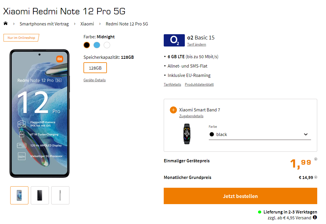 Saturn Tarifwelt: Xiaomi Redmi Note 12 Pro+ 5G + Xiaomi Smart Band 7 + o2 Basic 15 6 GB LTE für 14,99 € / Monat + 109,98 € einmalig