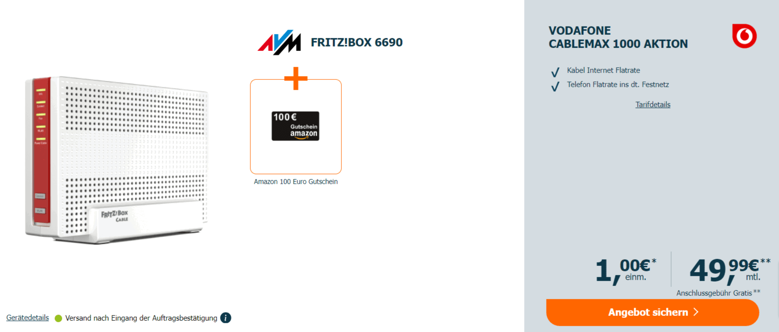Logitel: AVM FRITZ!Box 6690 Cable + 100 € Amazon Gutschein + Vodafone Cablemax 1000 für 49,99 € / Monat + 1,00 € einmalig + 175 € Onlinebonus