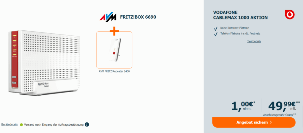 Avm Fritz!Box 6690 Cable + Avm Fritz!Repeater 2400 + Vodafone Cablemax 1000