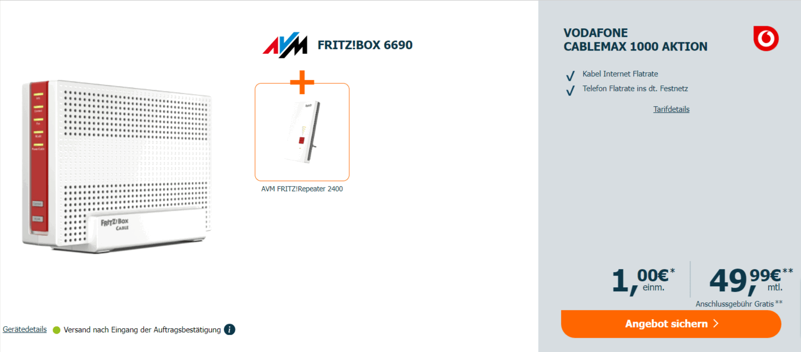 Logitel: AVM FRITZ!Box 6690 Cable + AVM FRITZ!Repeater 2400 + Vodafone Cablemax 1000 für 49,99 € / Monat + 1,00 € einmalig + 175 € Onlinebonus