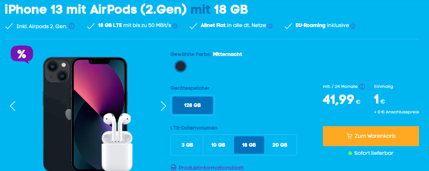 Blau: Apple iPhone 13 + Apple AirPods 2. Gen + Blau Allnet XL 18 GB LTE für 41,99 € / Monat + 5,99 € einmalig