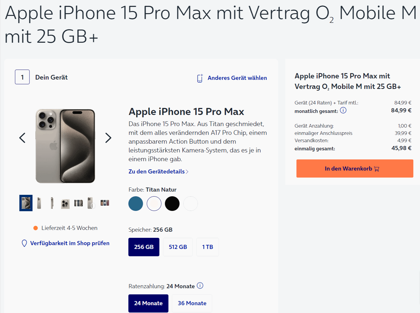 Apple iPhone 15 Pro Max + o2 Mobile M mit 25 GB+ 5G für 84,99 € / Monat + 45,98 € einmalig