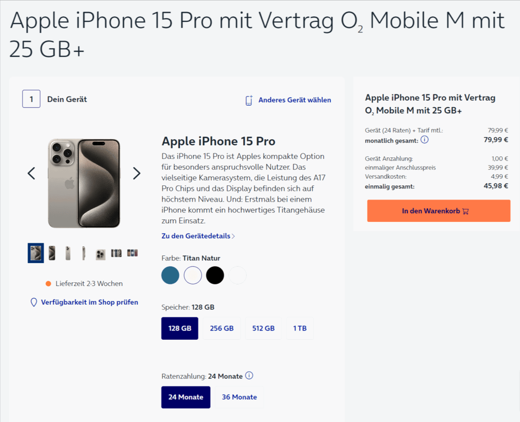 Apple Iphone 15 Pro + O2 Mobile M Mit 25 Gb+ 5G