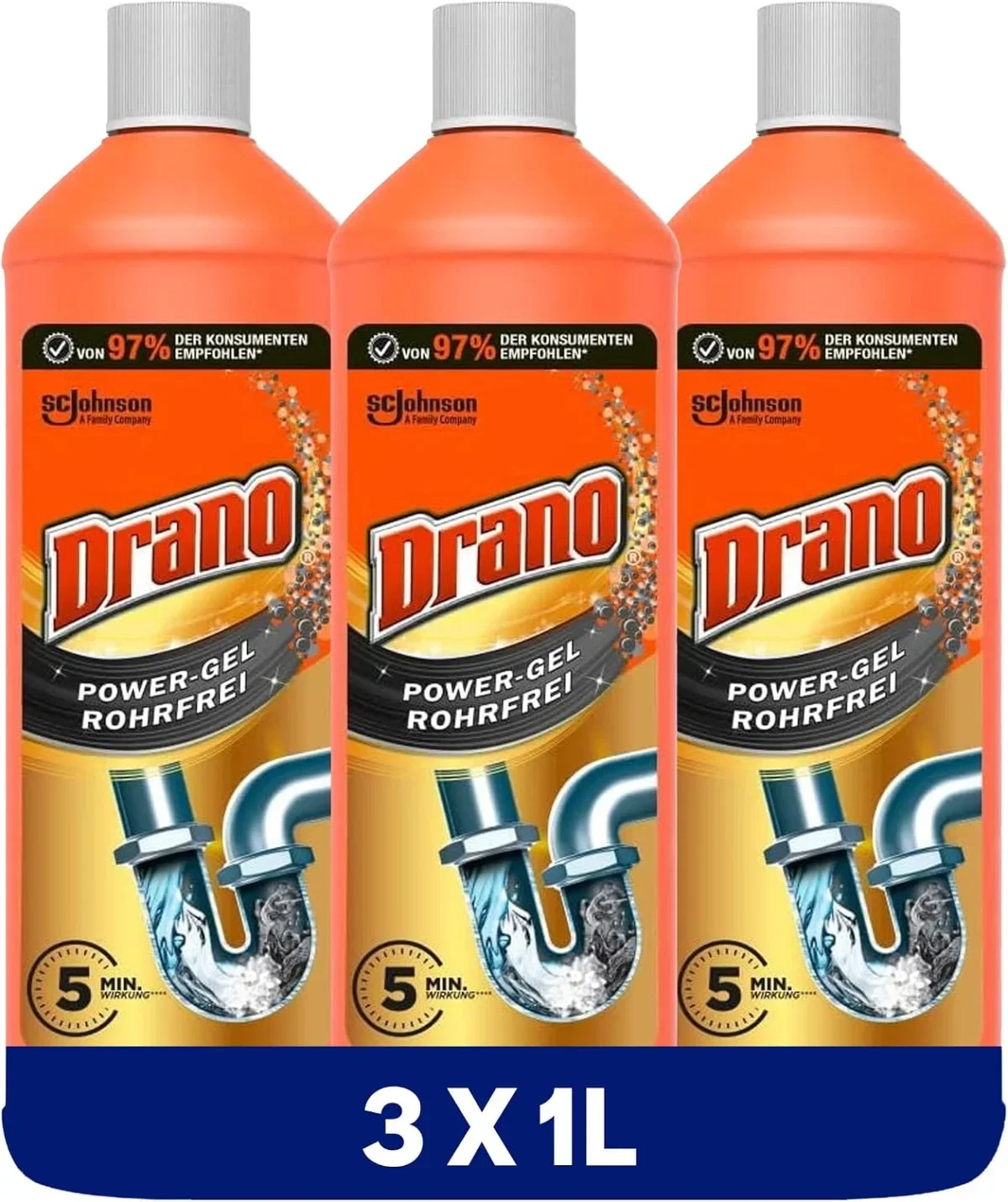 Drano Power Gel Rohrfrei Abflussreiniger 3er Pack (3x 1l)