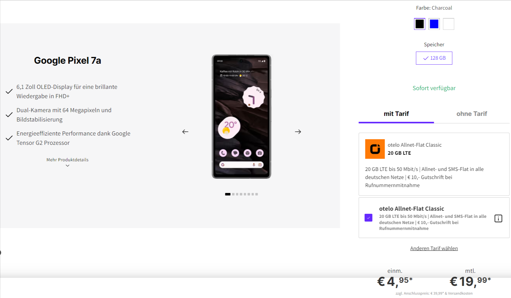 DEINHANDY: Google Pixel 7a + otelo Classic 20 GB LTE für 19,99 € / Monat + 51,93 € einmalig