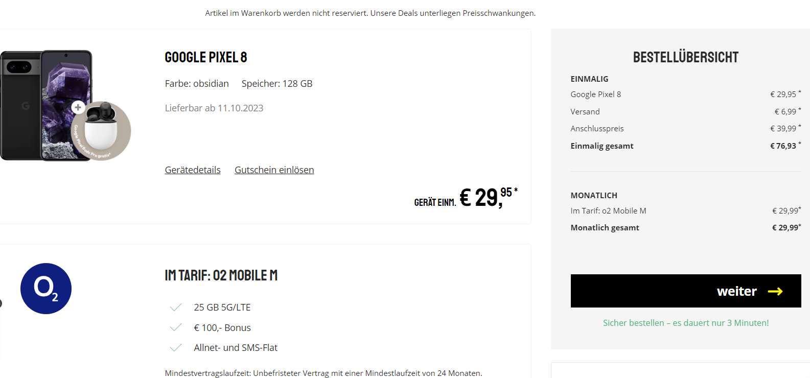 Sparhandy: Google Pixel 8 + Google Pixel Buds Pro + o2 Mobile M 25 GB 5G für 29,99 € / Monat + 76,93 € / Monat einmalig