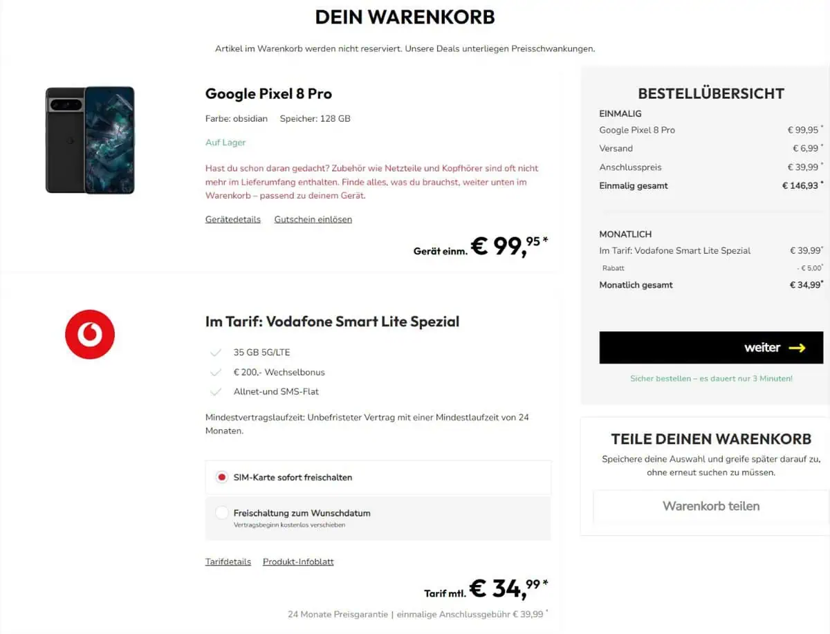 Sparhandy: Google Pixel 8 Pro + Vodafone Smart Lite Spezial 35 GB 5G für 34,99 € / Monat + 146,93 € / Monat einmalig