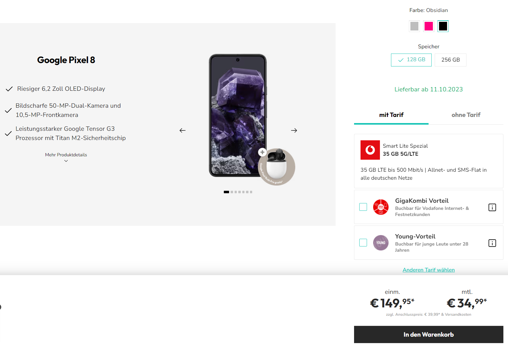 Sparhandy: Google Pixel 8 + Google Pixel Buds Pro + Vodafone Smart Lite Spezial 35 GB 5G für 34,99 € / Monat + 196,93 € / Monat einmalig