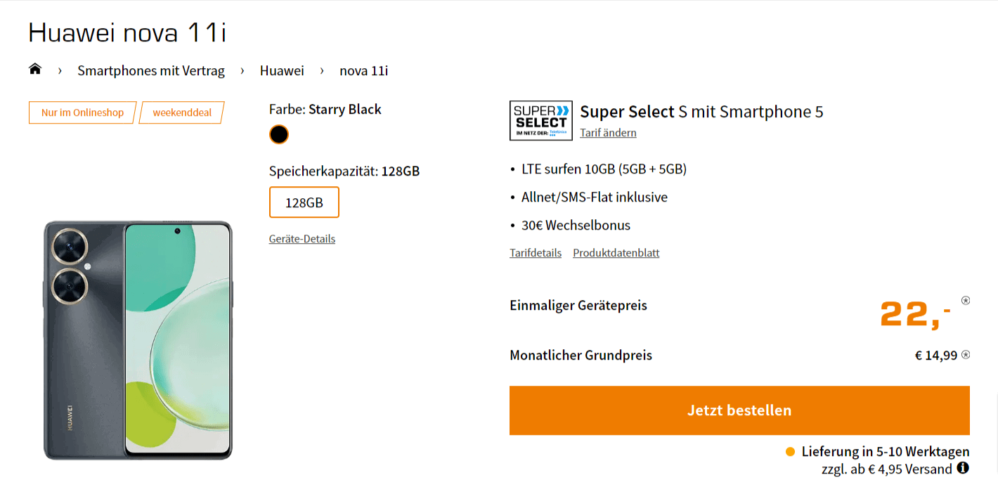 Saturn Tarifwelt: Huawei nova 11i + Super Select S 10 GB LTE für 14,99 € / Monat + 56,94 € einmalig