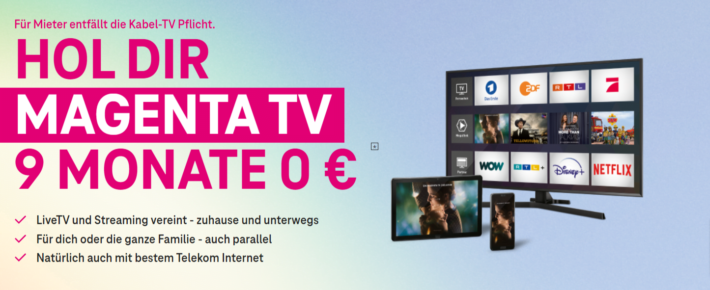 [ausgewählte MagentaTV Neukunden] MagentaTV Smart Netflix (24 Monate) für 0 € in den ersten 9 Monaten (danach 10 € pro Monat statt 13 €)