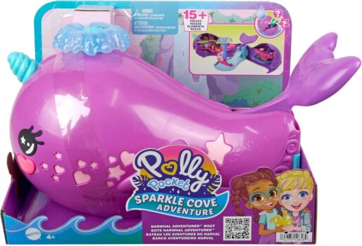 POLLY POCKET Sparkle Cove Adventure Narwalabenteurer Boot Puppen, auflösbare Perlen, Zubehörteile, Etagen, Spielbereiche, Wasserspieloptionen