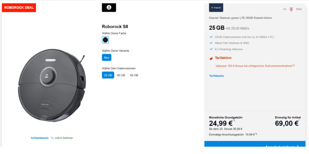 Roborock S8 Staubroboter + Freenet Telekom Green Lte 25Gb