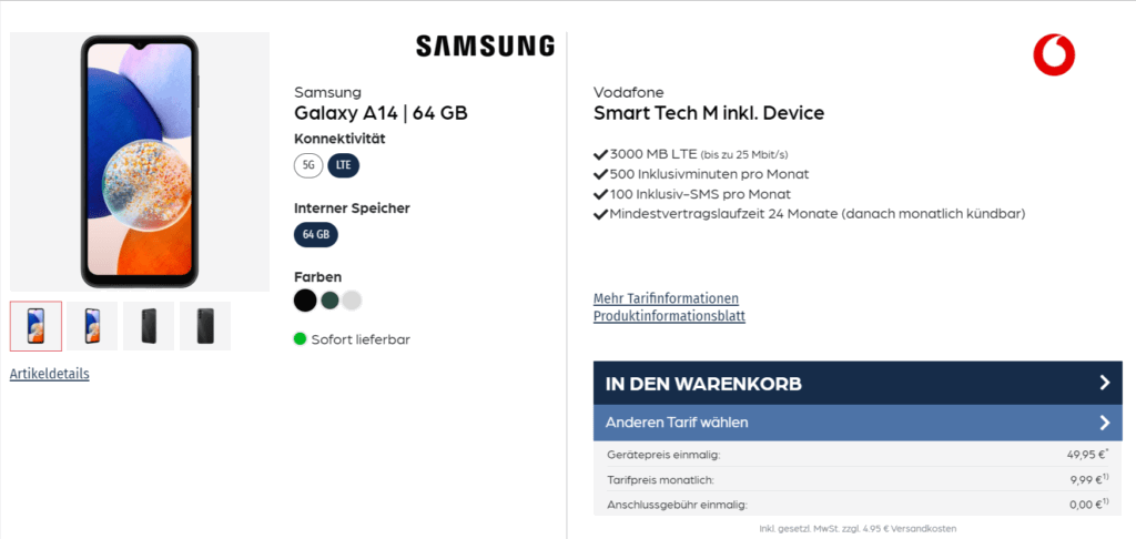 Samsung Galaxy A14 5G + Vodafone Smart Tech M Mit 3Gb Lte