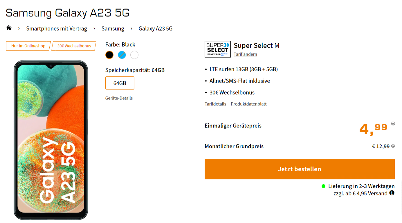 Saturn Tarifwelt: Samsung Galaxy A23 5G + Super Select M 13 GB LTE für 12,99 € / Monat + 39,93 € einmalig