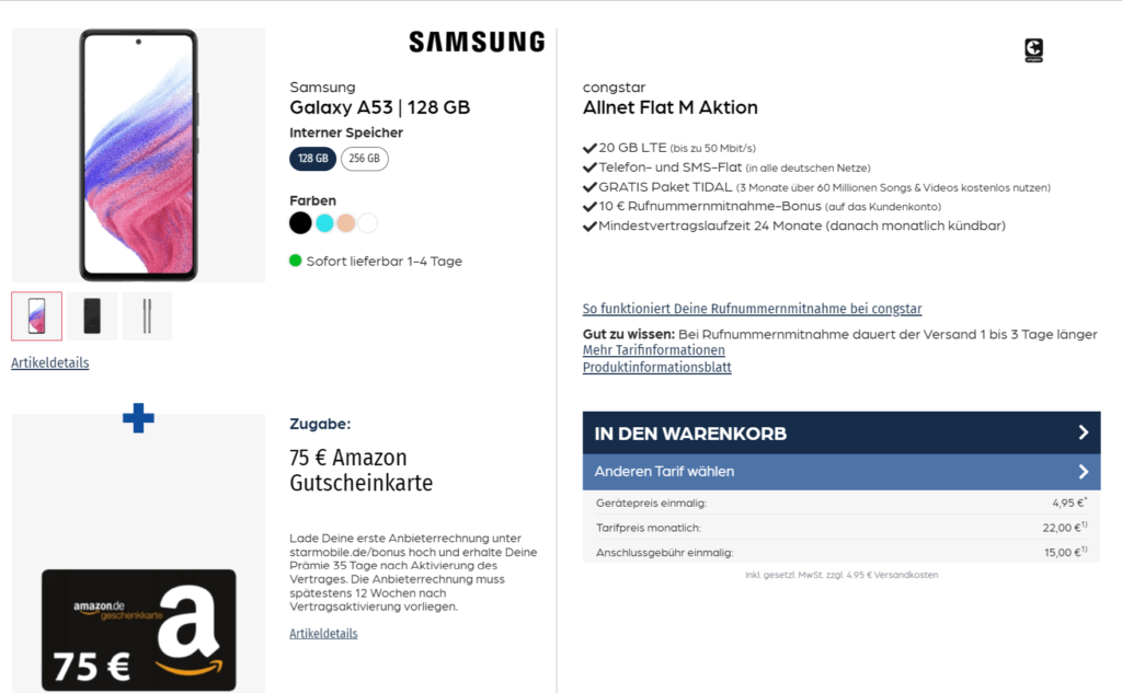 Samsung Galaxy A53 + Congstar Allnet Flat M 20 Gb Lte