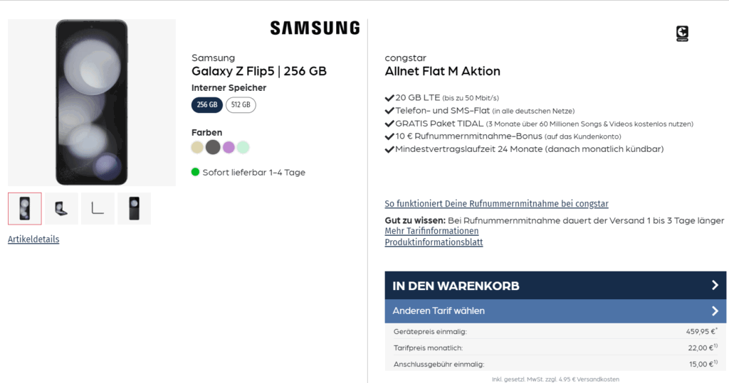 Samsung Galaxy Z Flip5 5G + Congstar Allnet Flat M 20 Gb Lte