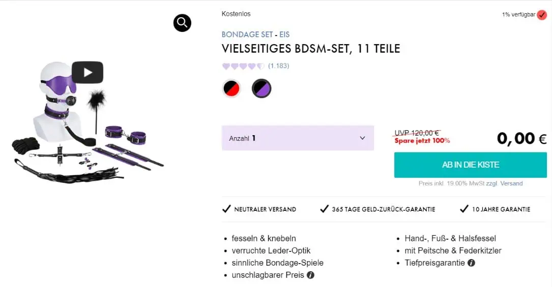 Eis DE: Vielseitiges BDSM-Set (11-teilig) & 6 Gratisartikel für 0 € (MBW 29,95 €) 🍨