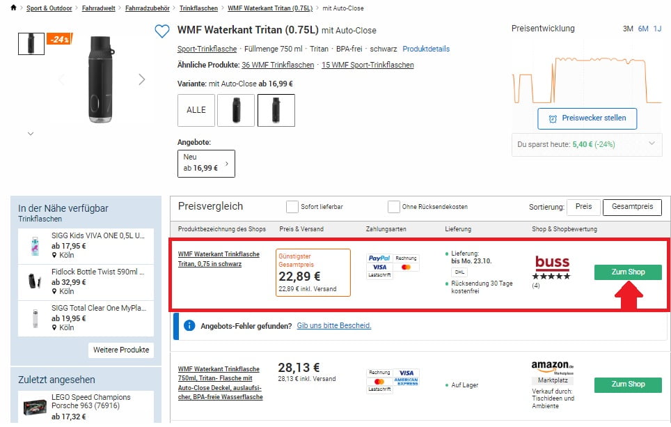 Wmf Waterkant Trinkflasche Tritan (.L) Mit Auto Close Idealo