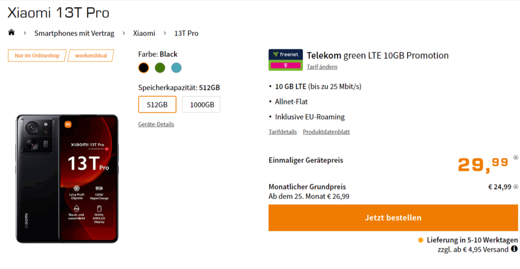 Xiaomi 13T Pro + Freenet Telekom Green Lte 10 Gb