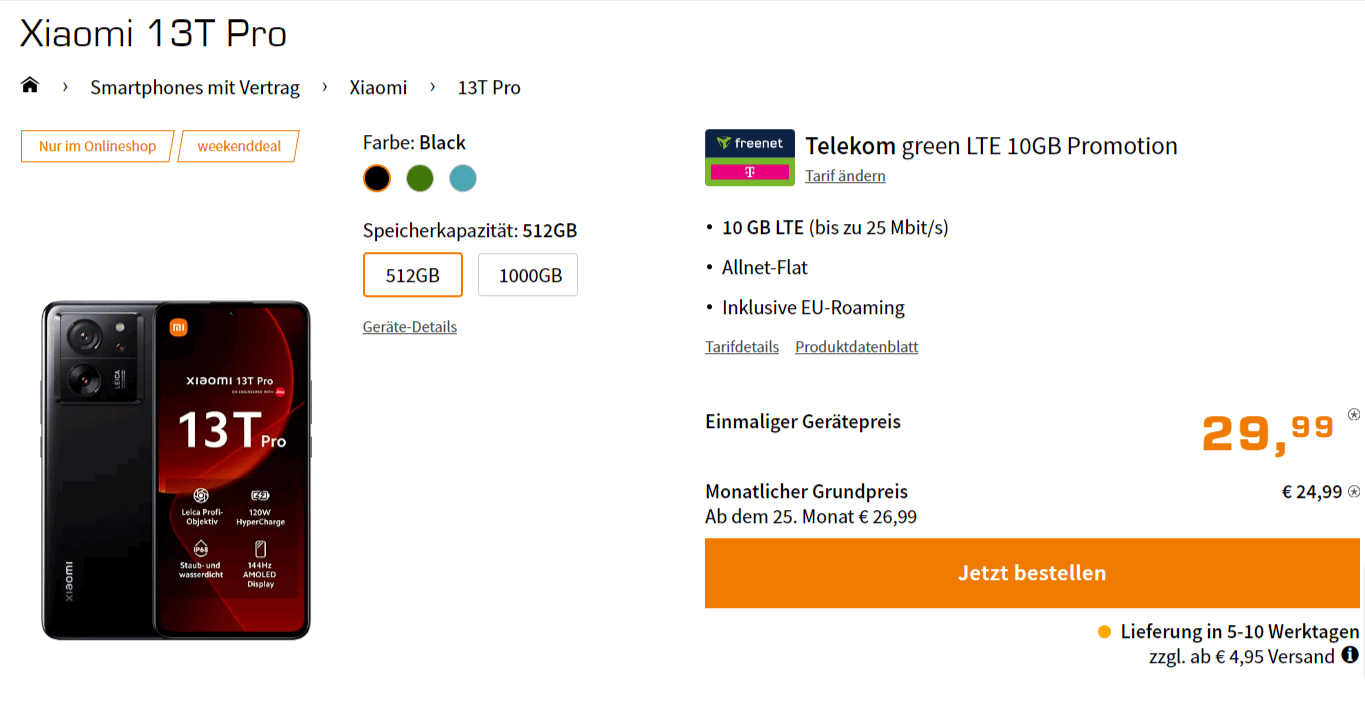 Saturn Tarifwelt: Xiaomi 13T Pro + freenet Telekom green LTE 10 GB für 24,99 € / Monat + einmalig 74,93 €