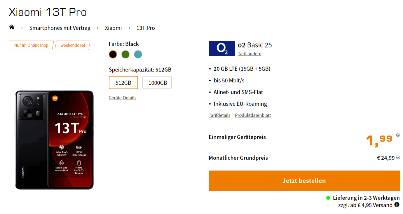 Saturn Tarifwelt: Xiaomi 13T Pro + o2 Basic 25 20 GB LTE für 24,99 € / Monat + einmalig 46,93 €