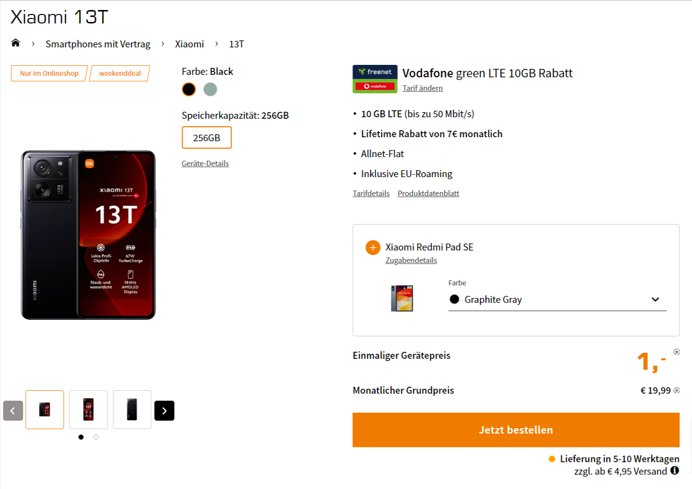 Saturn Tarifwelt: Xiaomi 13T + Xiaomi Redmi Pad SE + freenet Vodafone green LTE 10GB für 19,99 € / Monat + einmalig 45,94 €