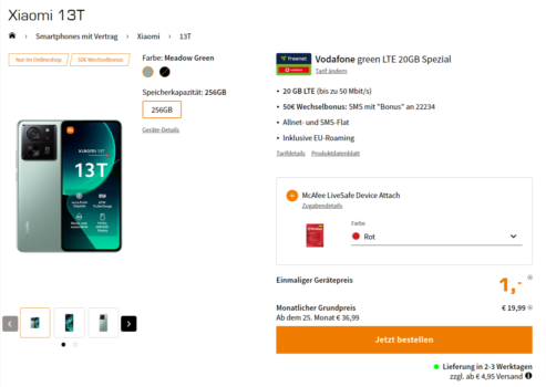 Xiaomi 13T + freenet Vodafone green LTE 20GB