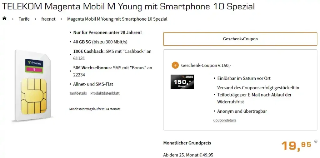 Freenet Telekom Magentamobil M Young (40 Gb Mit 5G) Für Eff. 7,45€