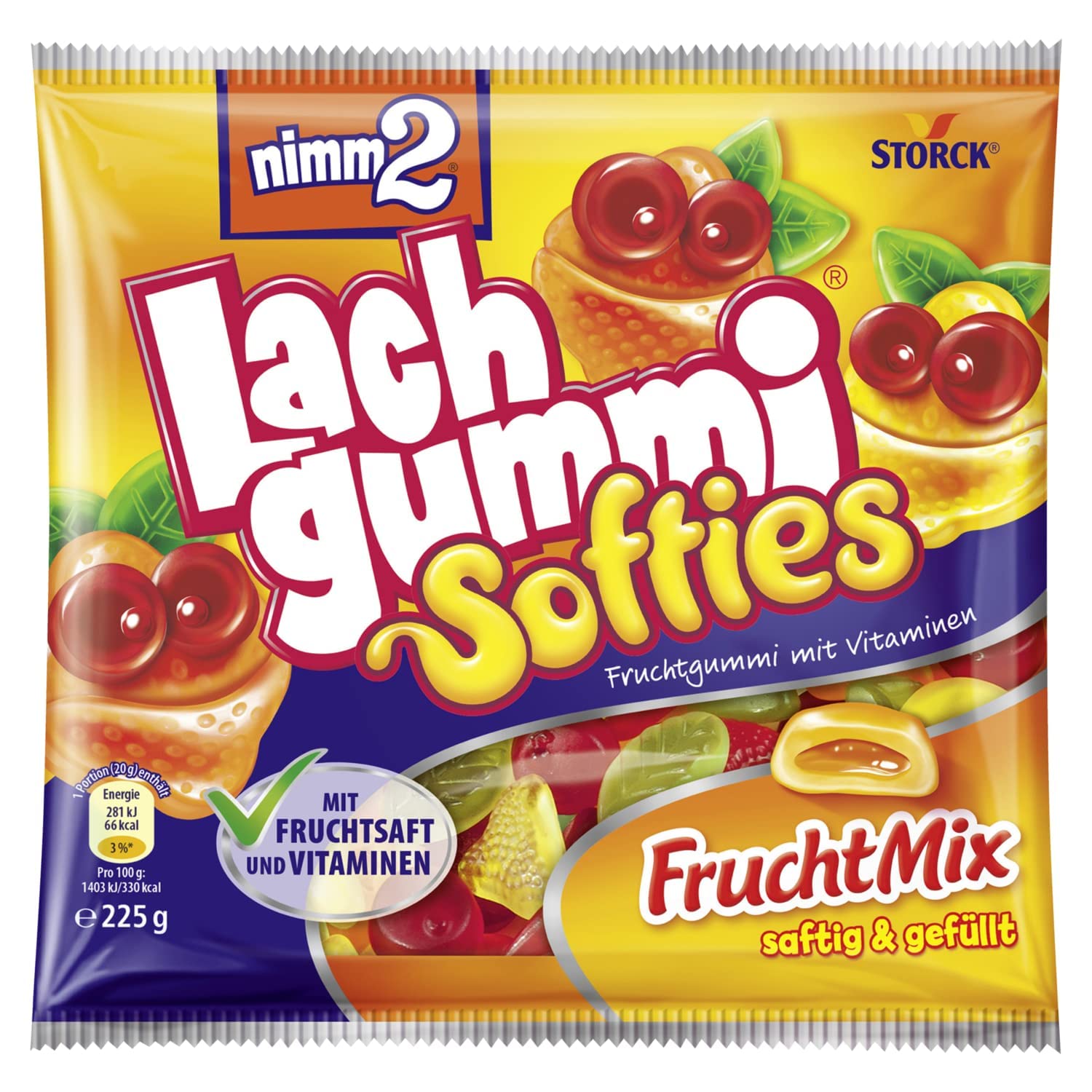 Nimm Lachgummi Softies Fruchtmix – X G – Gefülltes Fruchtgummi Mit Fruchtsaft Und Vitaminen