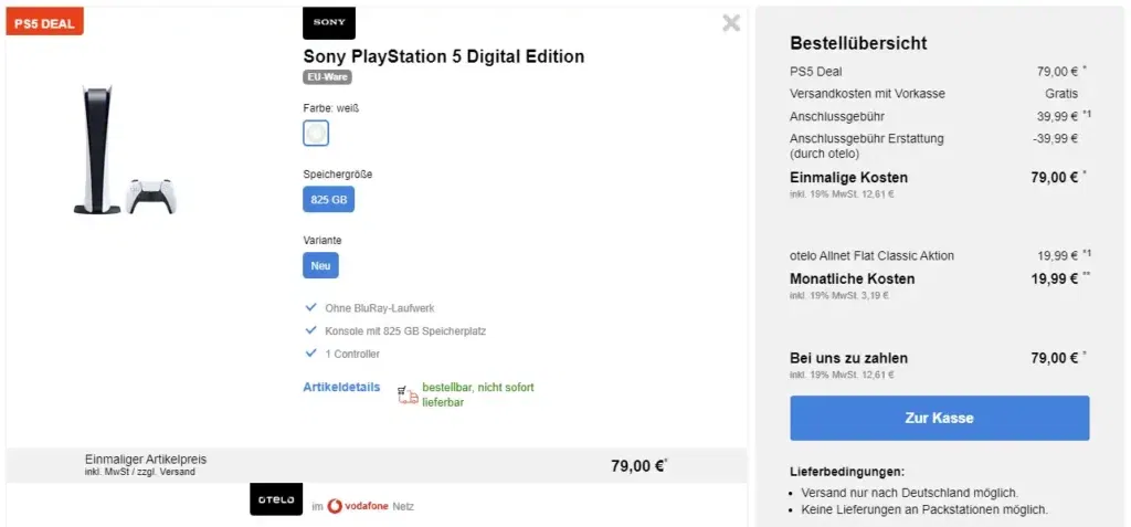 Ps5 Für 79€ Mit Otelo Vodafone Vertrag (30 Gb) Für Eff. 4,99 €