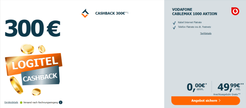 300 € Cashback + Vodafone Cablemax 1000