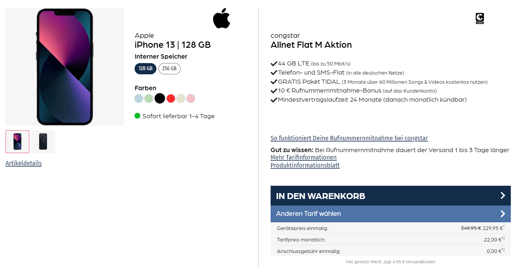 starmobile: Apple iPhone 13 + congstar Allnet Flat M mit 44 GB LTE für 22,00 € / Monat + 229,90 € einmalig