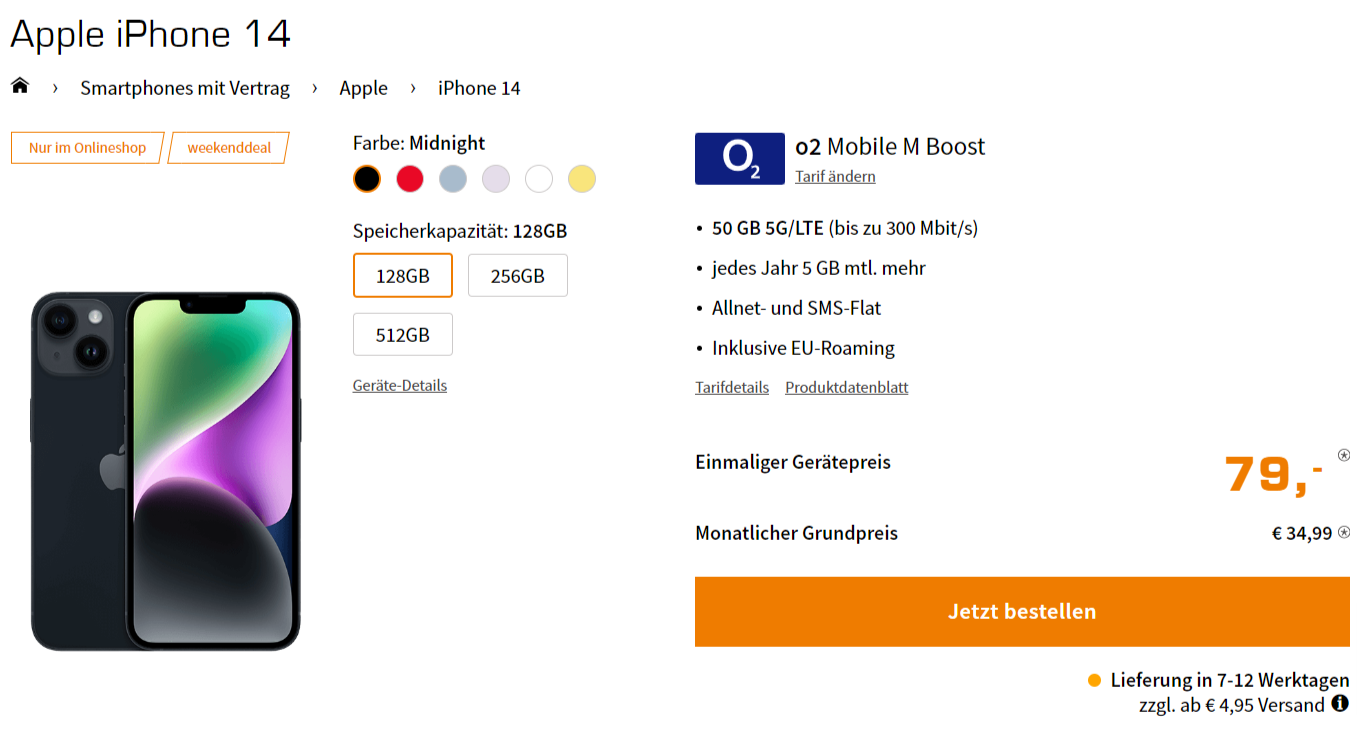 Apple Iphone 14 + O2 Mobile M Boost Mit 50+ Gb 5G