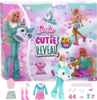 BARBIE Barbie Cutie Reveal Adventskalender Überraschungen, Puppe, Glitzerrentier, Winteroutfits, Accessoires, Minihaustiere