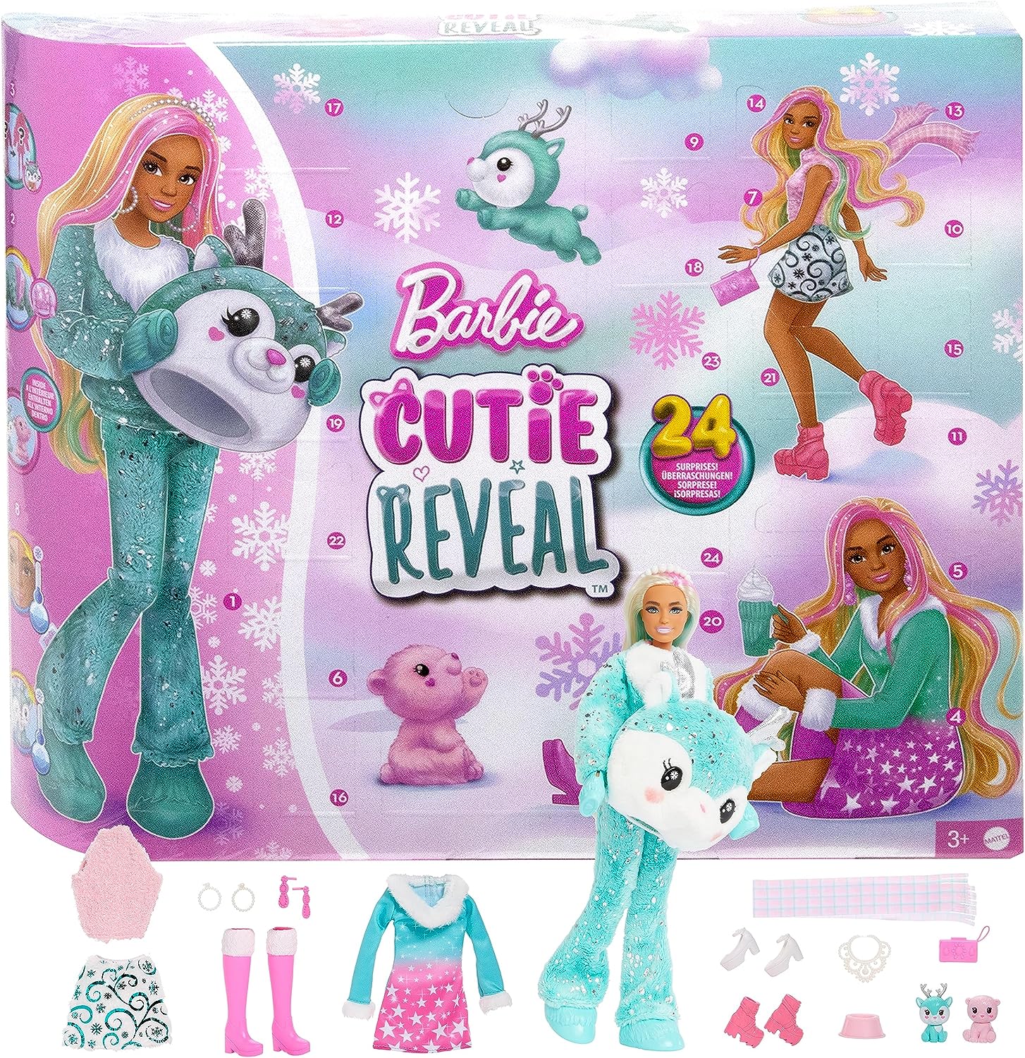 Barbie Barbie Cutie Reveal Adventskalender Überraschungen, Puppe, Glitzerrentier, Winteroutfits, Accessoires, Minihaustiere