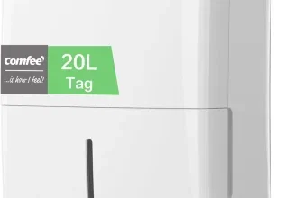 Weißer Comfee Luftentfeuchter mit 20-Liter-Tag, Griff, Wasserstandsanzeige und Rollen auf weißem Hintergrund.