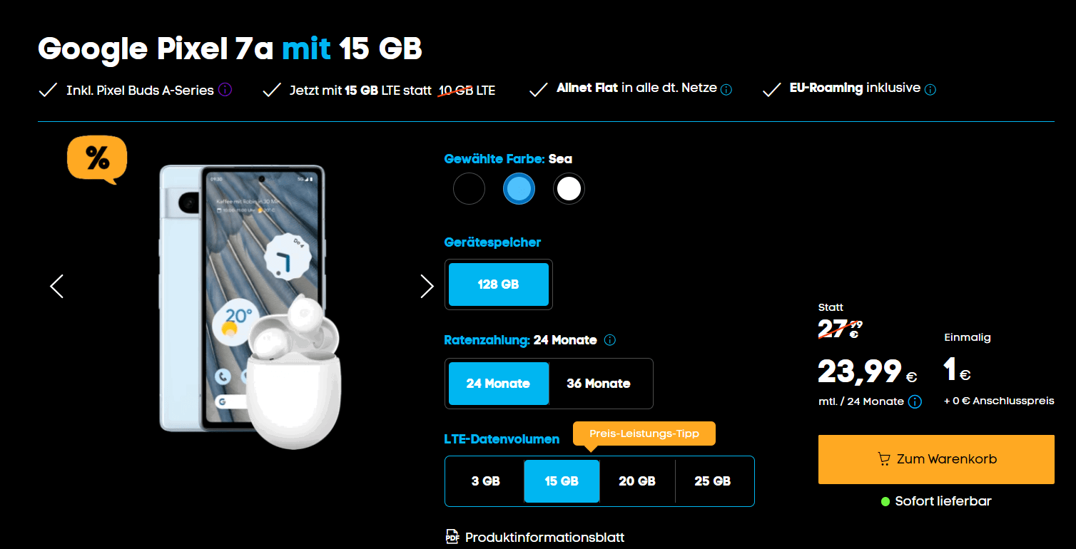 Blau: Google Pixel 7a + Google Pixel Buds A-Series + Blau Allnet XL 15 GB LTE für 23,99 € / Monat + 5,99 € einmalig