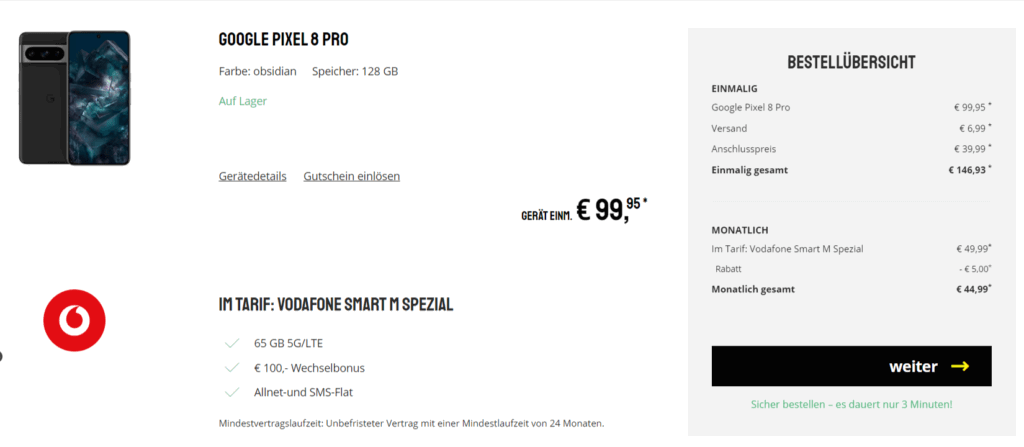 Google Pixel 8 Pro + Vodafone Smart M Spezial 65 Gb 5G