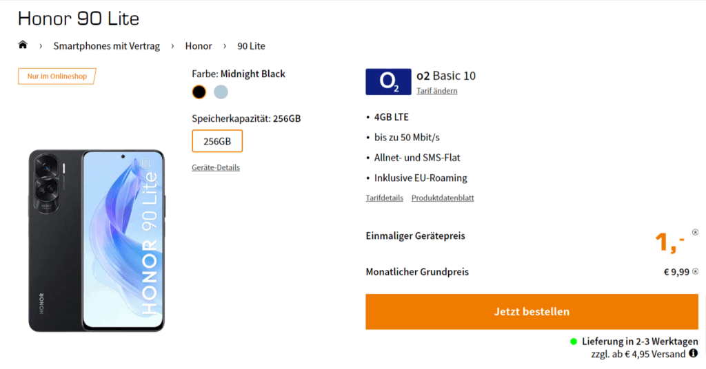 Honor 90 Lite + O2 Basic 10 Mit 4 Gb Lte