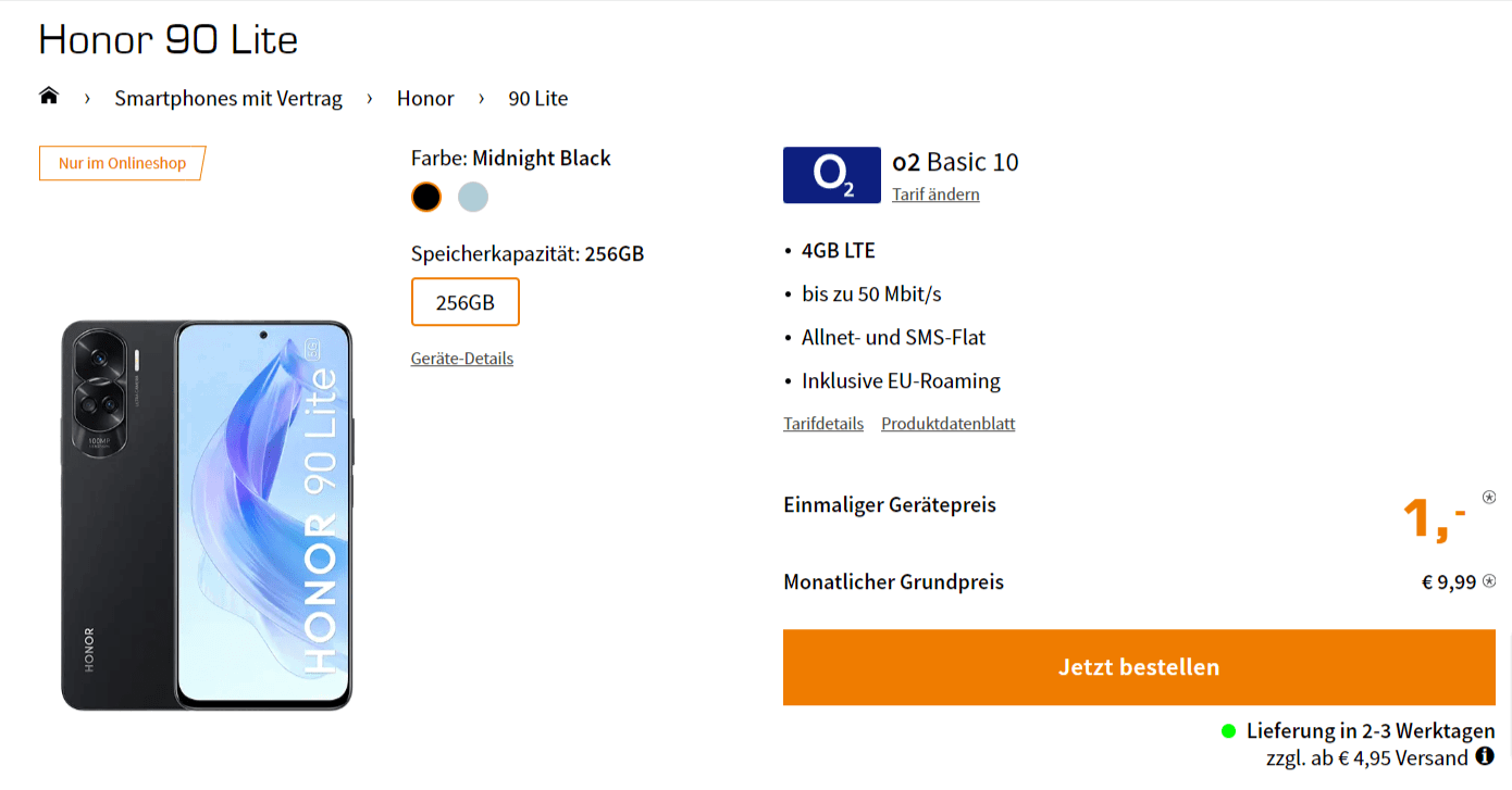 Saturn Tarifwelt: Honor 90 Lite + o2 Basic 10 mit 4 GB LTE für 9,99 € / Monat + 45,94€ einmalig