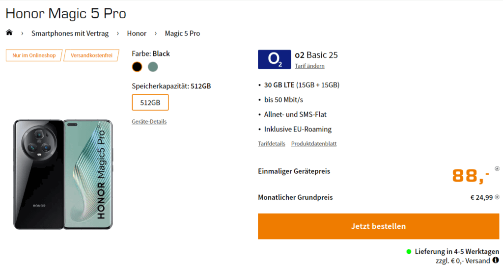 Honor Magic 5 Pro + O2 Basic 25 Mit 30 Gb Lte
