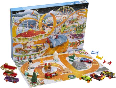 Mattel Hot Wheels Adventskalender ( Hot Wheels Spielzeugautos mit Feiertagsmotiven und diversem Zubehör mit Spielmatte, Geschenk & Spielzeug)