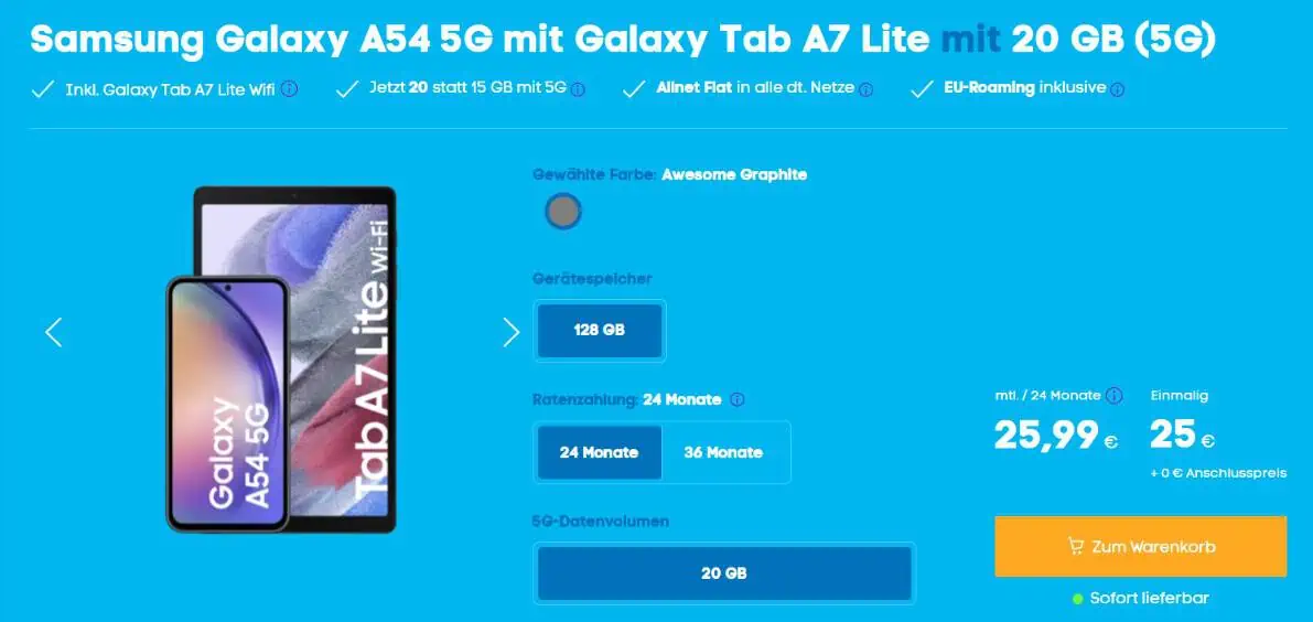 Blau: Samsung Galaxy A54 5G + Samsung Galaxy Tab A7 Lite WiFi+ Blau Allnet Plus 20 GB 5G für 25,99 € / Monat + 29,99 € einmalig