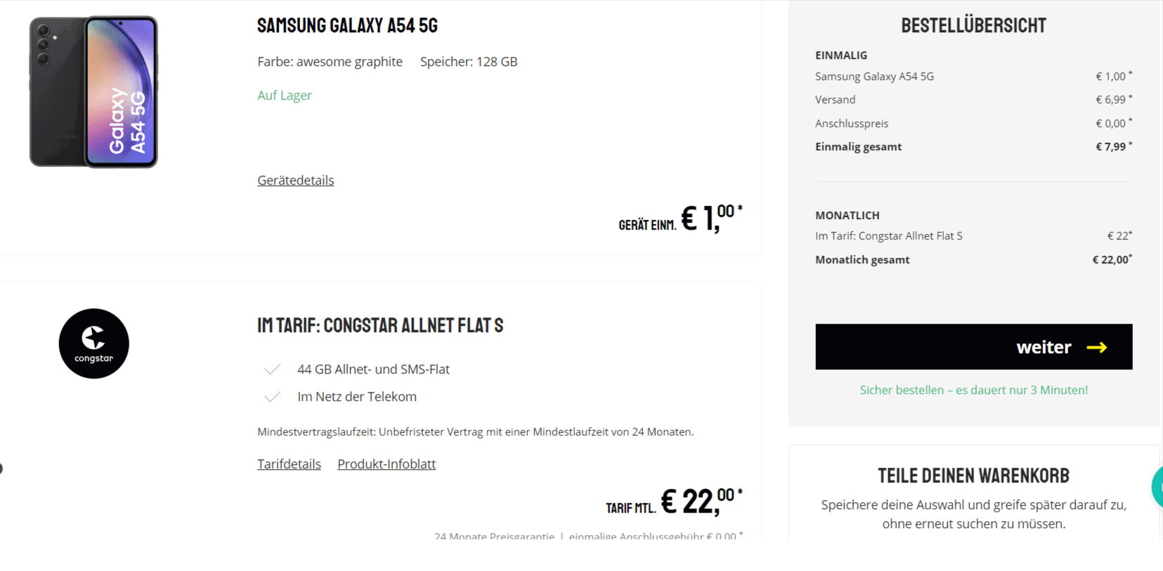 Sparhandy: Samsung Galaxy A54 + congstar Allnet Flat S 44 GB LTE für 22,00 € / Monat + 7,99 € einmalig