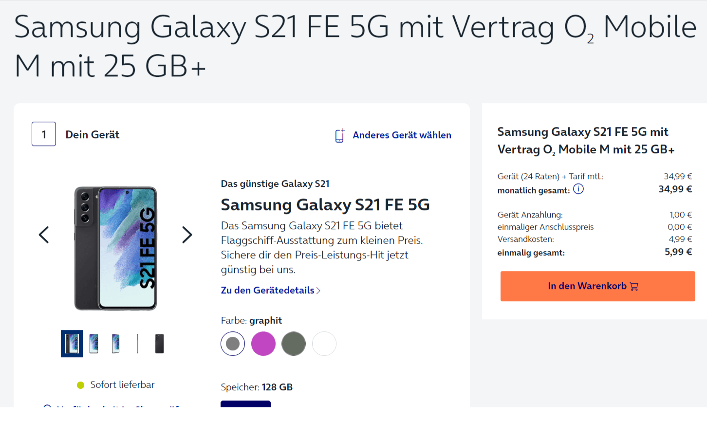 Samsung Galaxy S21 FE 5G + O2 Mobile M mit 25 GB+ 5G für 34,99 € / Monat + 5,99 € einmalig