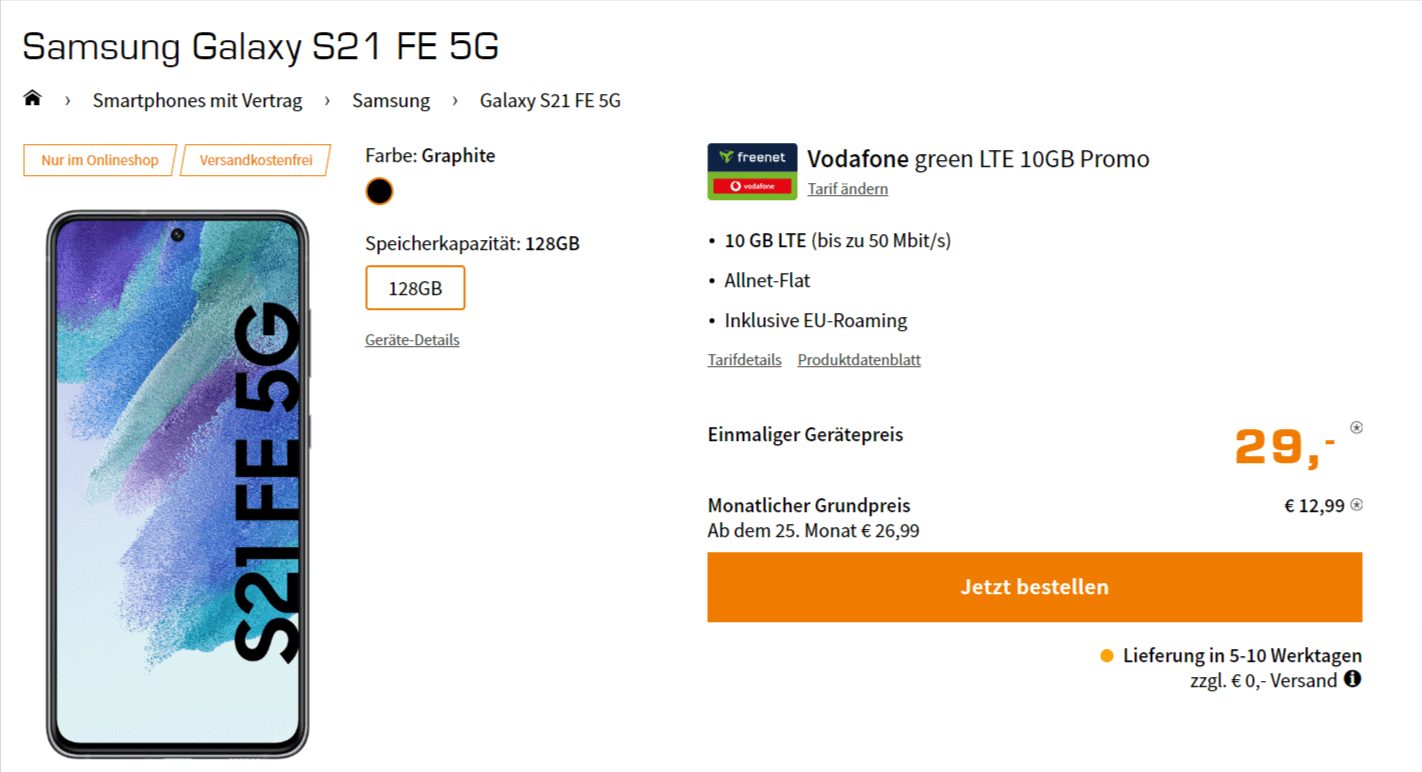 Saturn Tarifwelt: Samsung Galaxy S21 FE 5G + freenet Vodafone green LTE 10GB für 12,99 € / Monat + 68,99 € einmalig