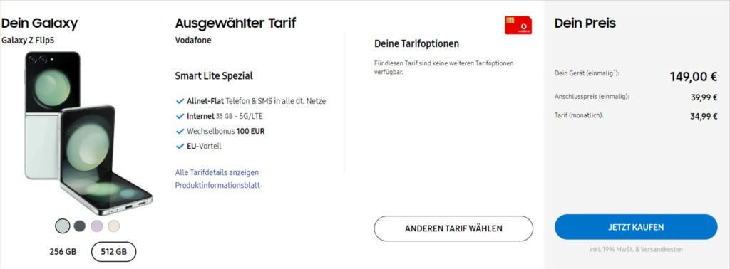 Samsung Galaxy Z Flip5 + Vodafone Smart Lite Spezial 35 Gb 5G
