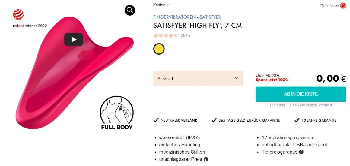EIS DE: Satisfyer High Fly Fingervibrator 7 cm & 6 Gratisartikel für 0 € (MBW 39,95 €) 🍦