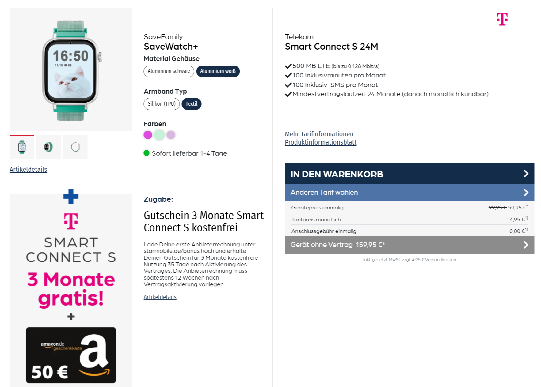 starmobile: SaveFamily SaveWatch+ Kinder Smartwatch + 50 € Amazon Gutschein + Telekom Smart Connect S 500 MB LTE für 4,95 € / Monat + 64,90 € einmalig