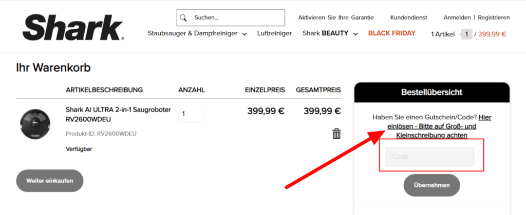 Shark Rabattcode einlösen